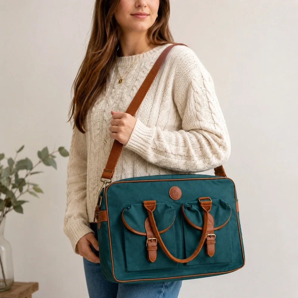 Polo Ralph Lauren Canvas Messenger Bag Teal Green Leather Crossbody Briefcase